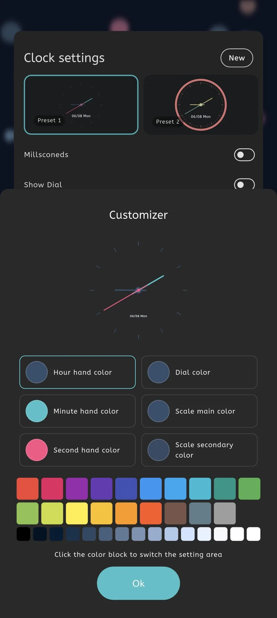 Moc settings screen for customizing the Analog Clock