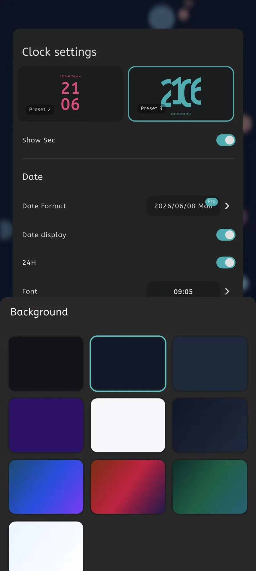 Moc background settings with color and visual options