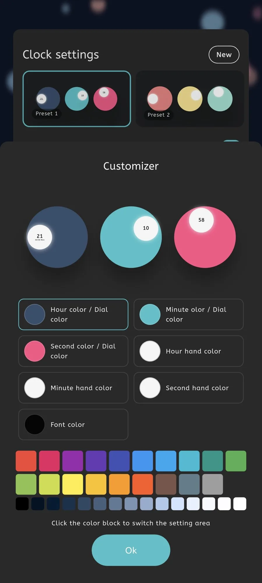 Moc settings screen for customizing the Ball Clock