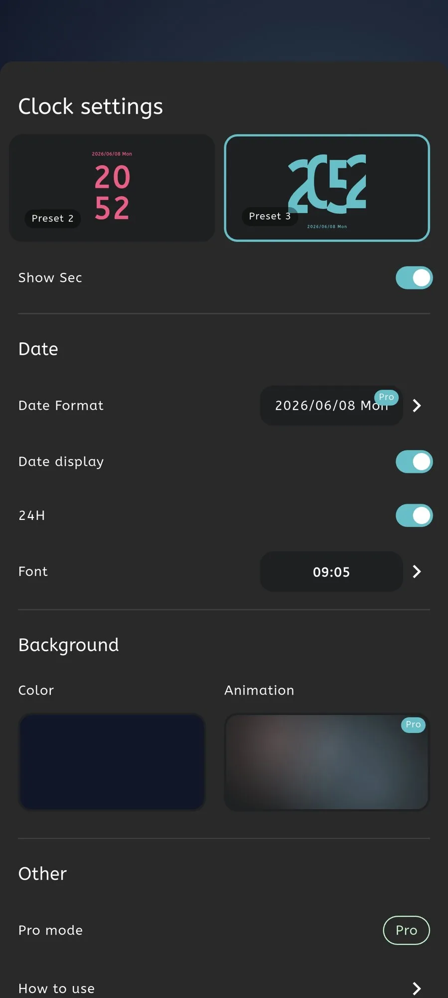 Main Moc settings screen with clock and display controls