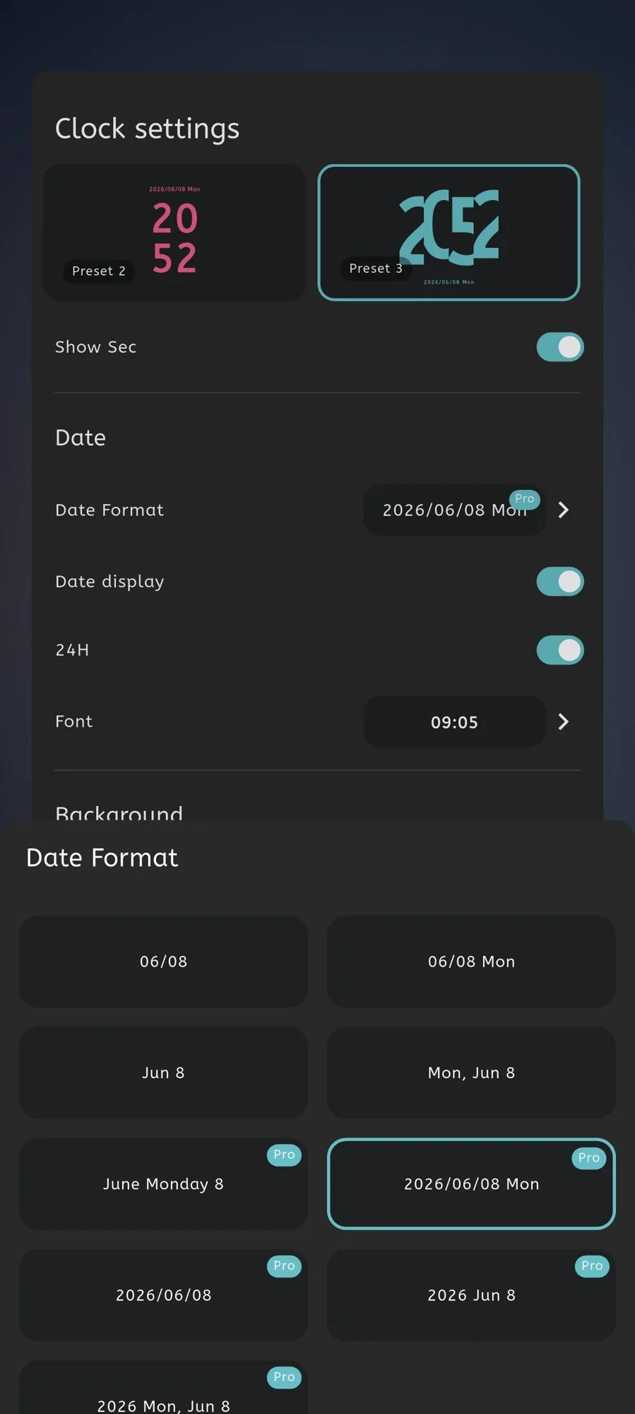 Moc date format settings with multiple formatting choices