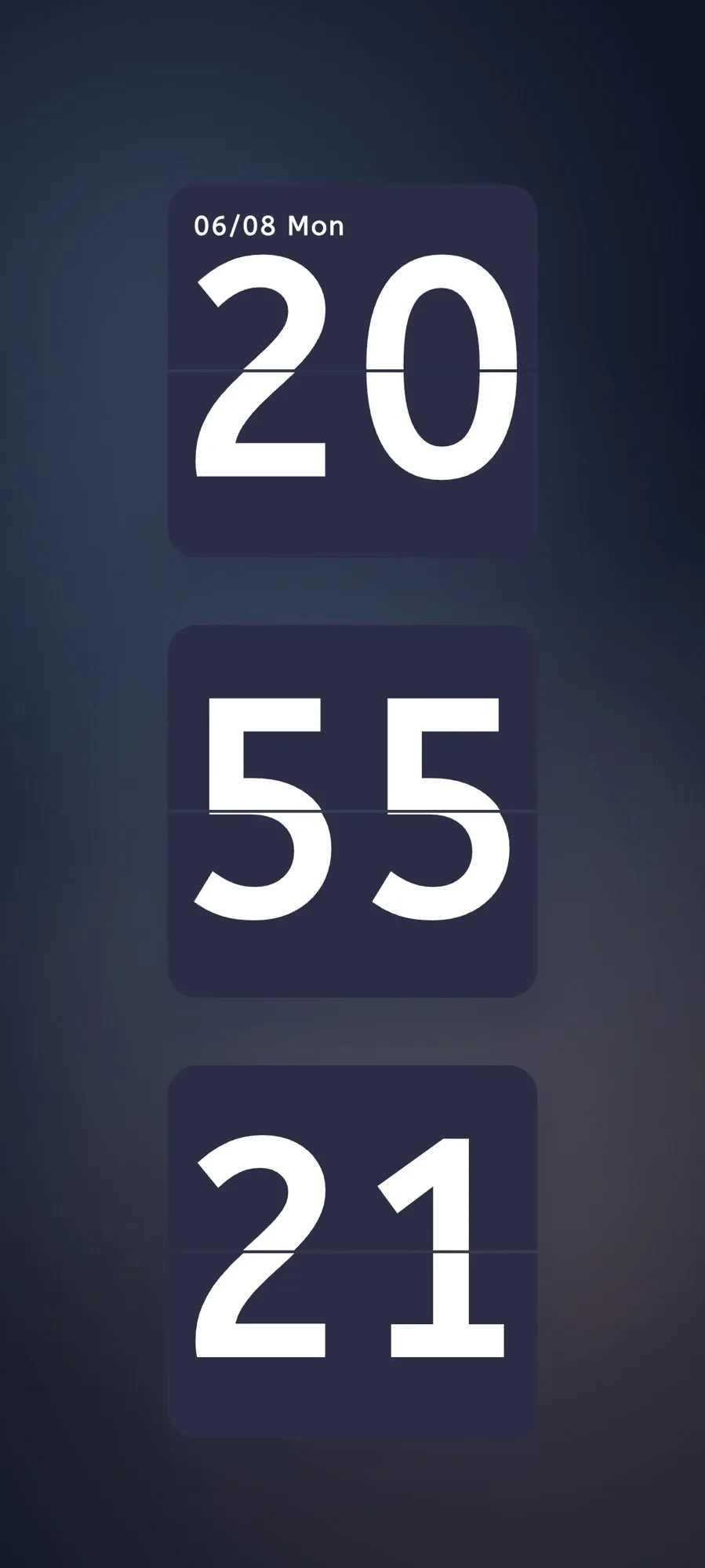 Moc Flip Clock showing large segmented time on a dark screen