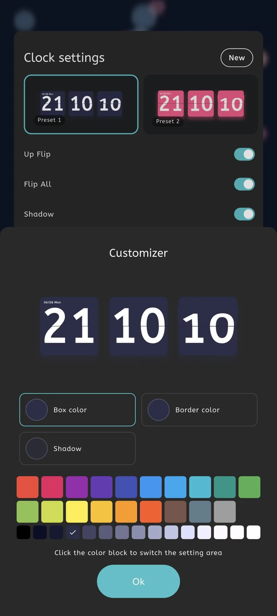Moc settings screen for customizing the Flip Clock