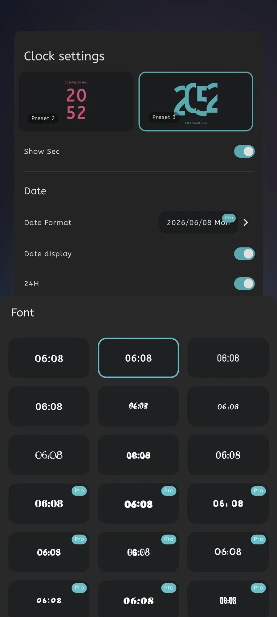 Moc font selection screen showing available clock typefaces