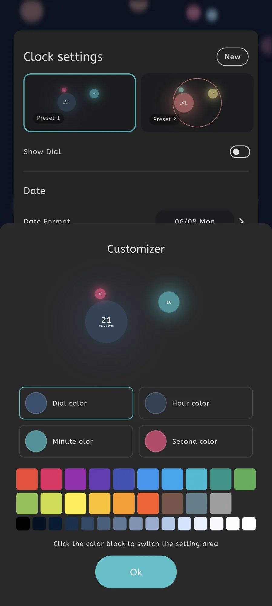 Moc settings screen for customizing the Particle Clock