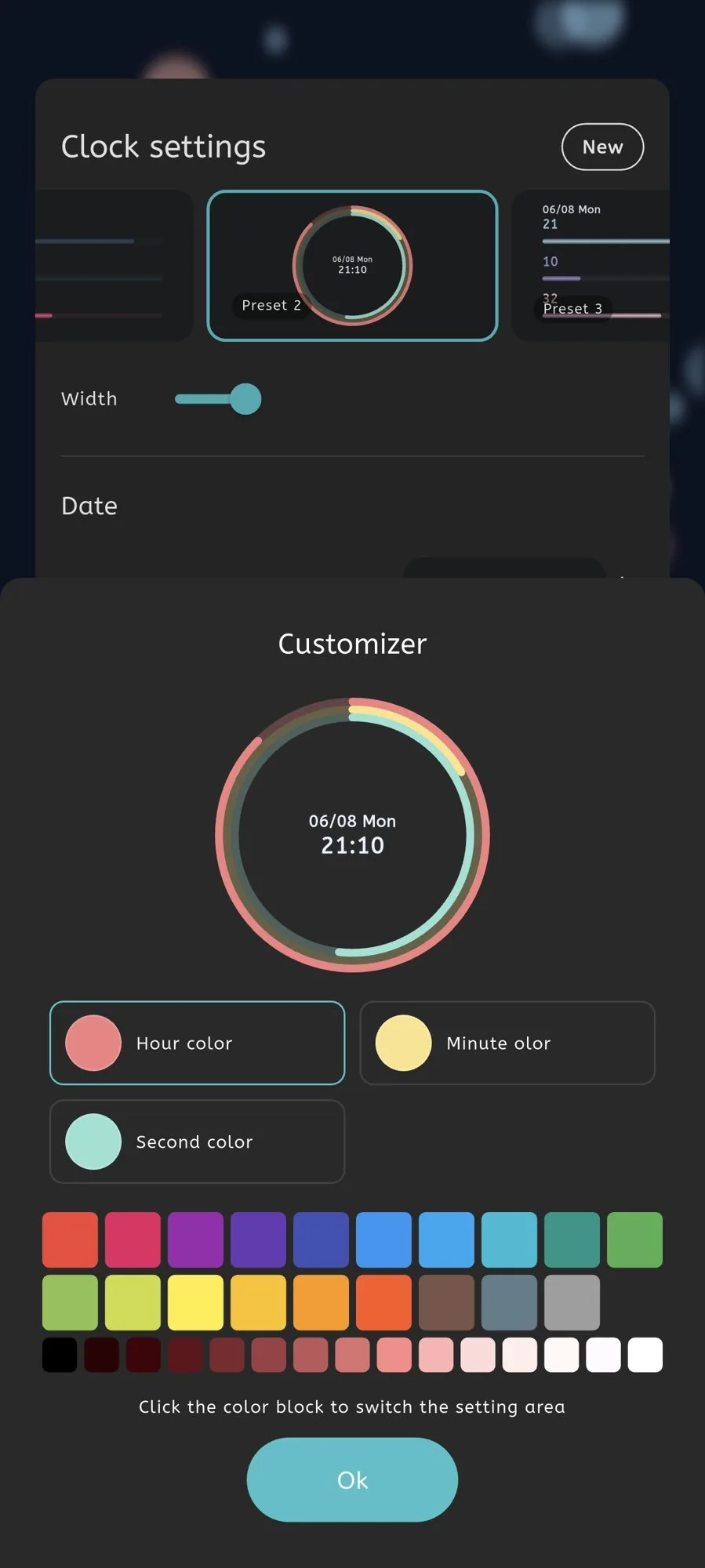 Moc settings screen for customizing the Progress Clock
