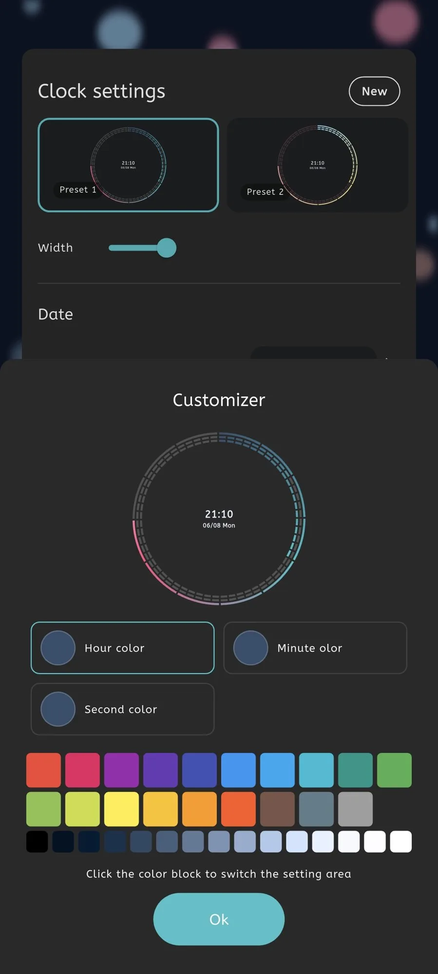 Moc settings screen for customizing the Ring Clock